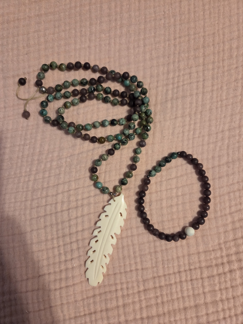 African Turquoise And Bone Feather Beaded Mala Necklace with Matching Bracelet